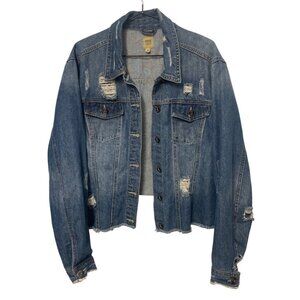 Womens Distressed Denim Jacket Cropped Frayed Hem 3X Casual Relaxed Distressed